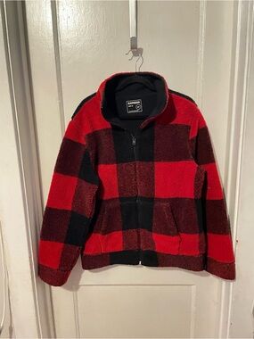 Express Men’s  Red & Black Buffalo Plaid Zip-Up Fleece Jacket